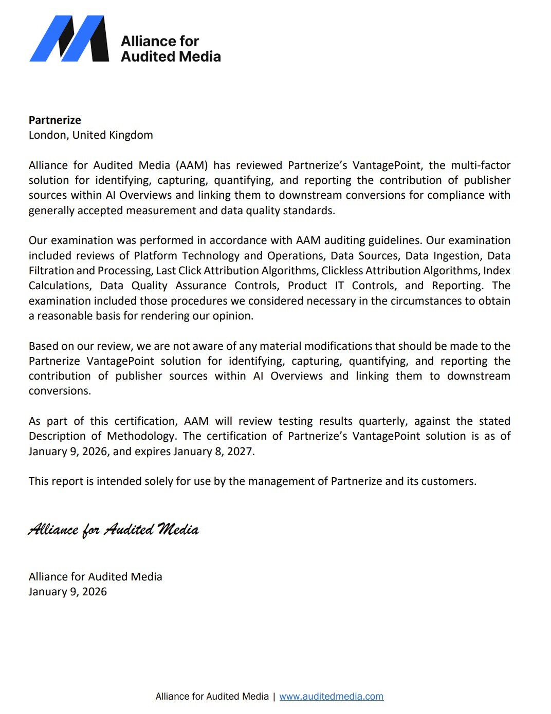 Alliance for Audited Media VantagePoint Certification Letter Image