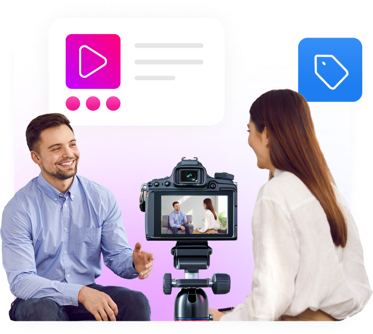 man and woman talking on camera