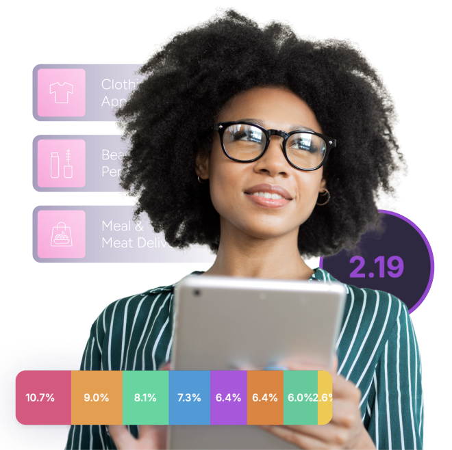 woman on tablet with vp stats round her