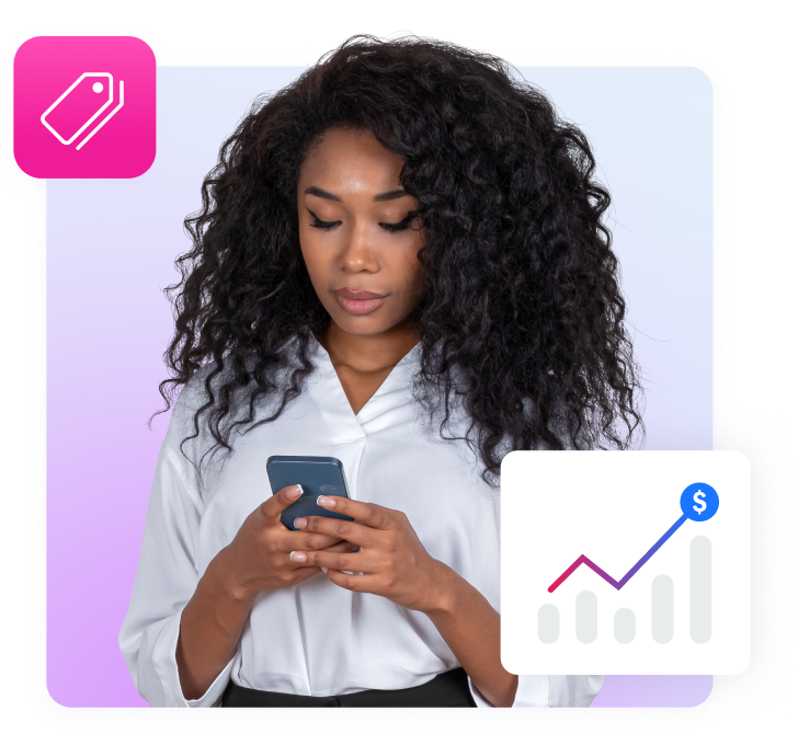 woman on phone surrounded by stats and labels woman on phone surrounded by stats and labels
